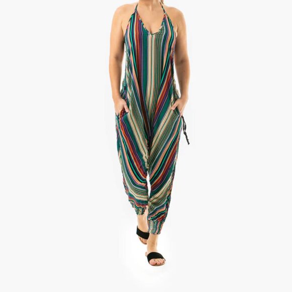 Stripe Harem Jumpsuit Halter Neck Tapered Leg Yoga Travel Boho Green Stripes - Picture 2 of 8
